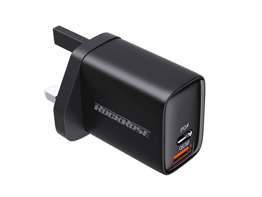 Rockrose 20W PD & QC 3.0 2-Port Wall Charger UK Standard - Black