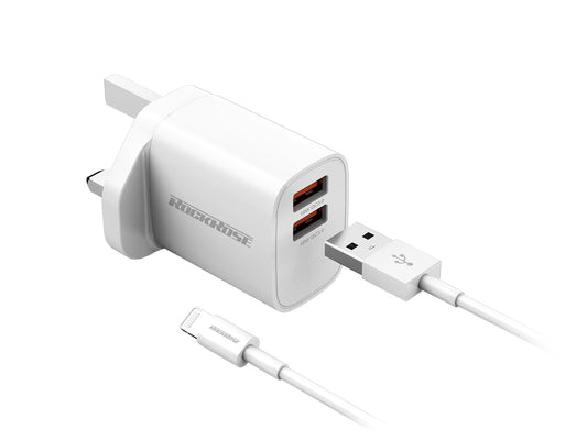 Rockrose 18W Dual Port Travel Charger QC 3.0 Quick Lightning Cable UK - Standard White