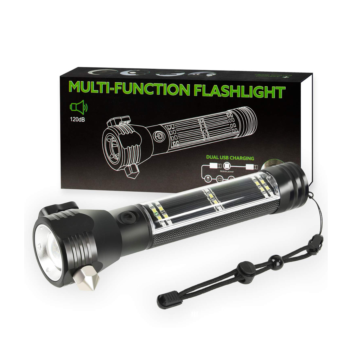 مصباح يدوي تكتيكي متعدد الوظائف يعمل بالطاقة الشمسية للطوارئ بتصميم مقاوم للماء، مزود برأس مطرقة من سبائك معدنية، وقاطع وبوصلة