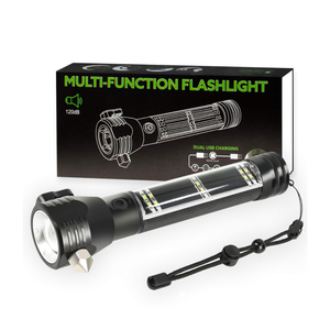 مصباح يدوي تكتيكي متعدد الوظائف يعمل بالطاقة الشمسية للطوارئ بتصميم مقاوم للماء، مزود برأس مطرقة من سبائك معدنية، وقاطع وبوصلة