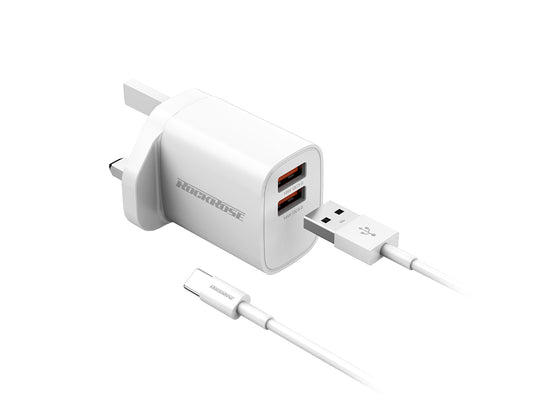 Rockrose 18W Dual Port Travel Charger QC 3.0 Quick USB-C Cable UK - Standard White