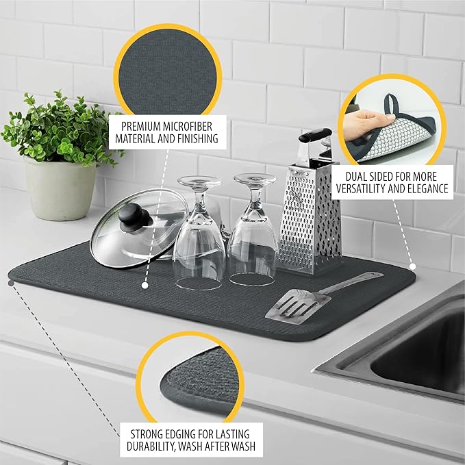 وسادة تجفيف متعددة الوظائف فائقة الامتصاص للمطبخ مع رف تجفيف للأطباق والأواني الزجاجية وأدوات المائدة - 60 × 45 سم