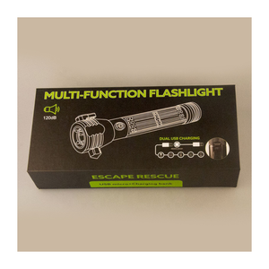 مصباح يدوي تكتيكي متعدد الوظائف يعمل بالطاقة الشمسية للطوارئ بتصميم مقاوم للماء، مزود برأس مطرقة من سبائك معدنية، وقاطع وبوصلة