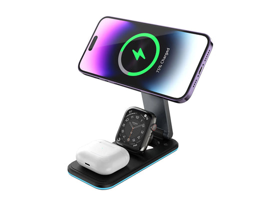 Rockrose 3-in-1 Foldable Wireless Charging Stand Compatible with MagSafe - Black