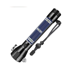 مصباح يدوي تكتيكي متعدد الوظائف يعمل بالطاقة الشمسية للطوارئ بتصميم مقاوم للماء، مزود برأس مطرقة من سبائك معدنية، وقاطع وبوصلة