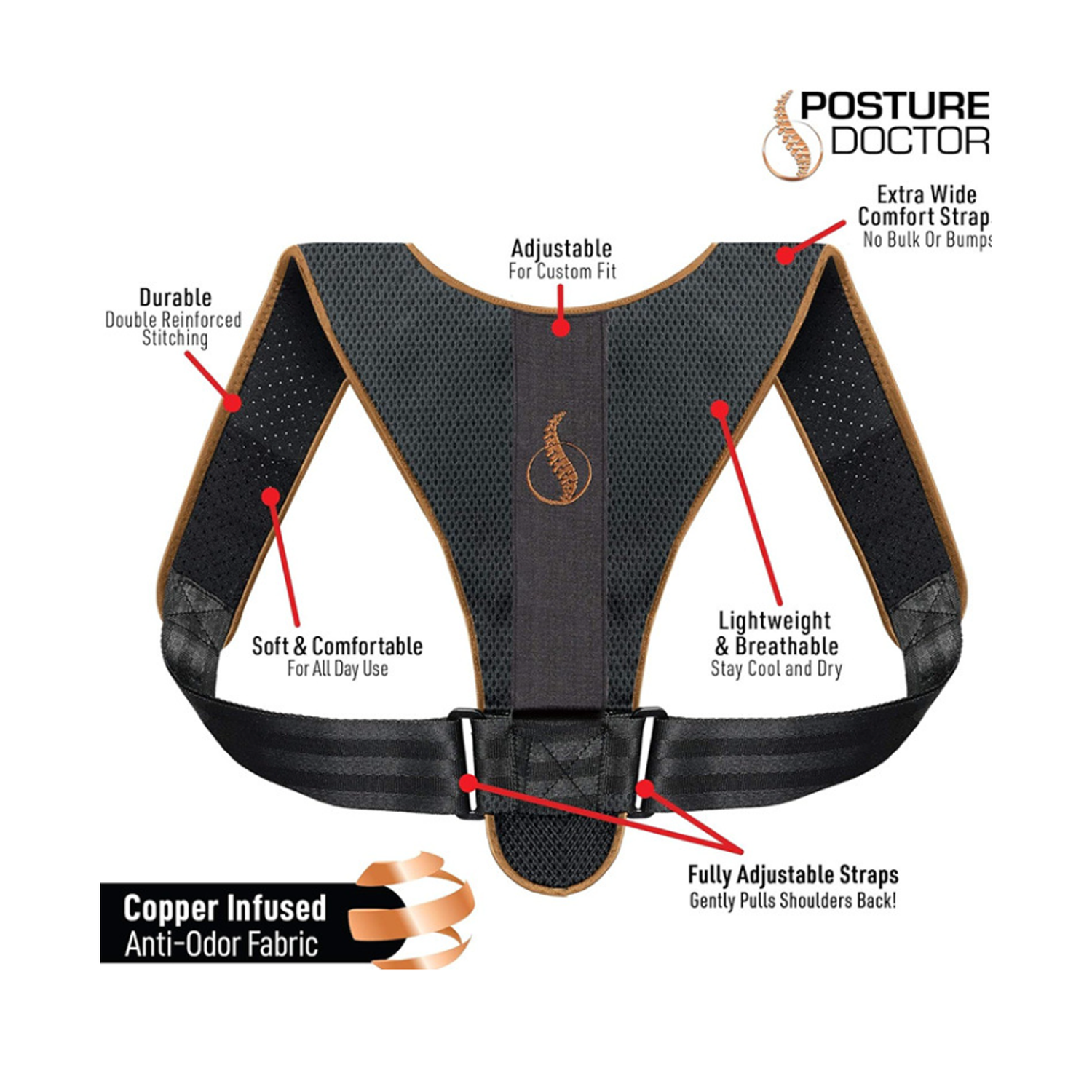 Adjustable Copper Infused Posture Corrector Brace for Back - Neck & Shoulder Support With Anti-Odor Fabric – Lightweight, Breathable & Invisible Under Clothing