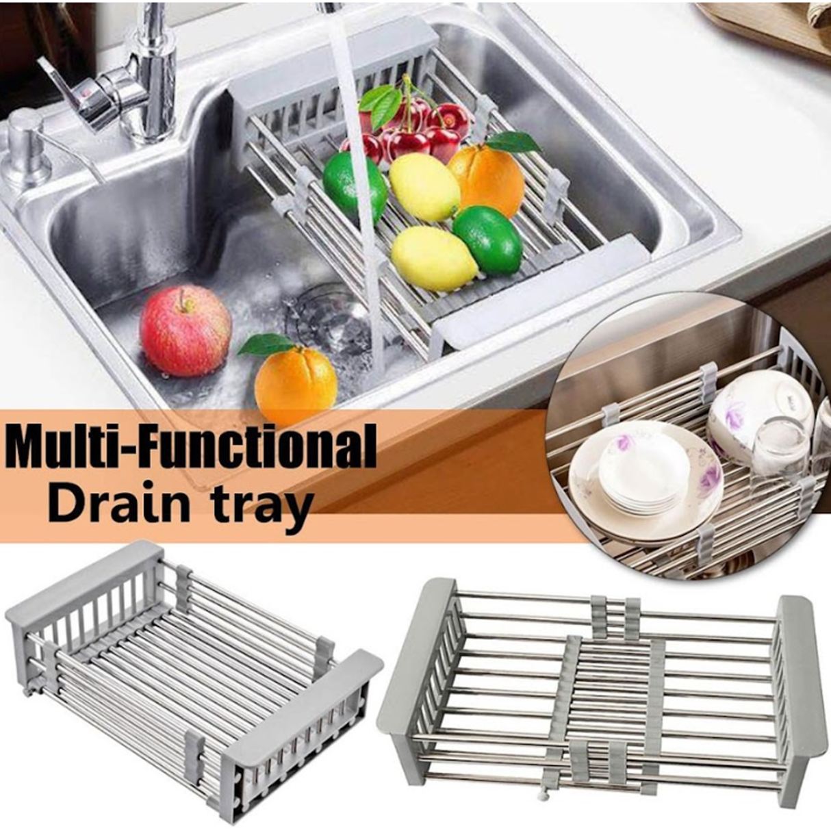Adjustable Stainless Steel Dish Drainer Rack for Kitchen Sink