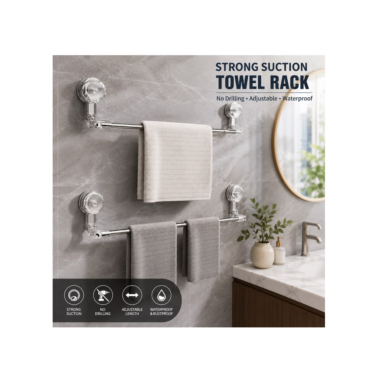 Adjustable Suction Cup Towel Rod – No Drilling Bathroom Towel Holder