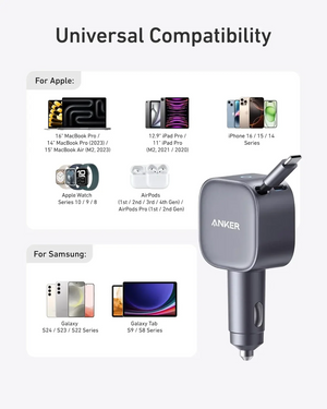 Anker Nano Car Charger (75W, USB-C Port, Built-in Retractable USB-C Cable) - Silver - Zayoom