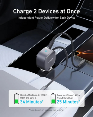 Anker Nano Car Charger (75W, USB-C Port, Built-in Retractable USB-C Cable) - Silver - Zayoom
