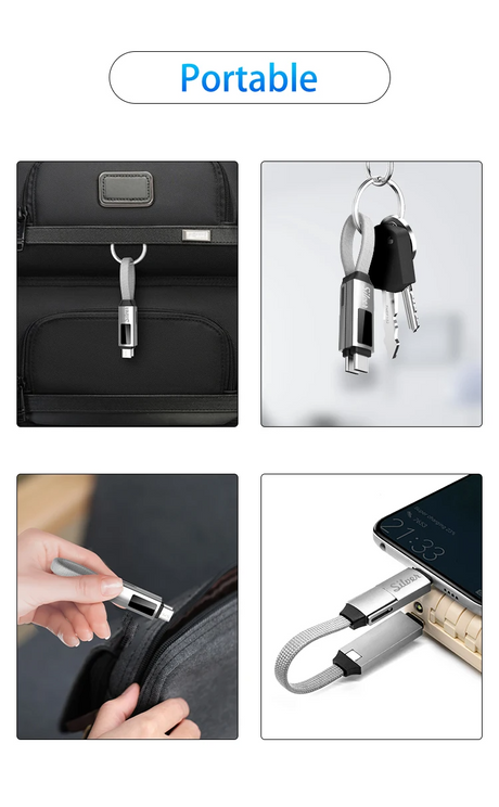 Portable Magnetic Keyring 3 in 1 USB Charger Data Cord, PD 100W USB C to Type - Black