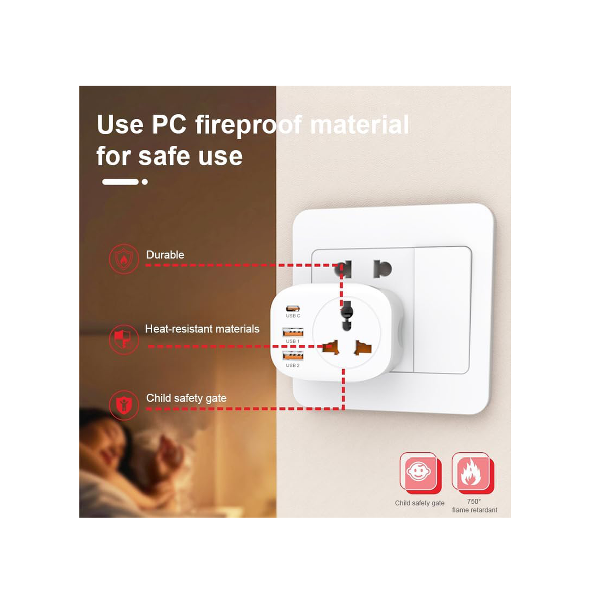 محول سفر من AU إلى EU بمقبس يو اس بي-سي 1 ويو اس بي-ايه 2 – ابيض