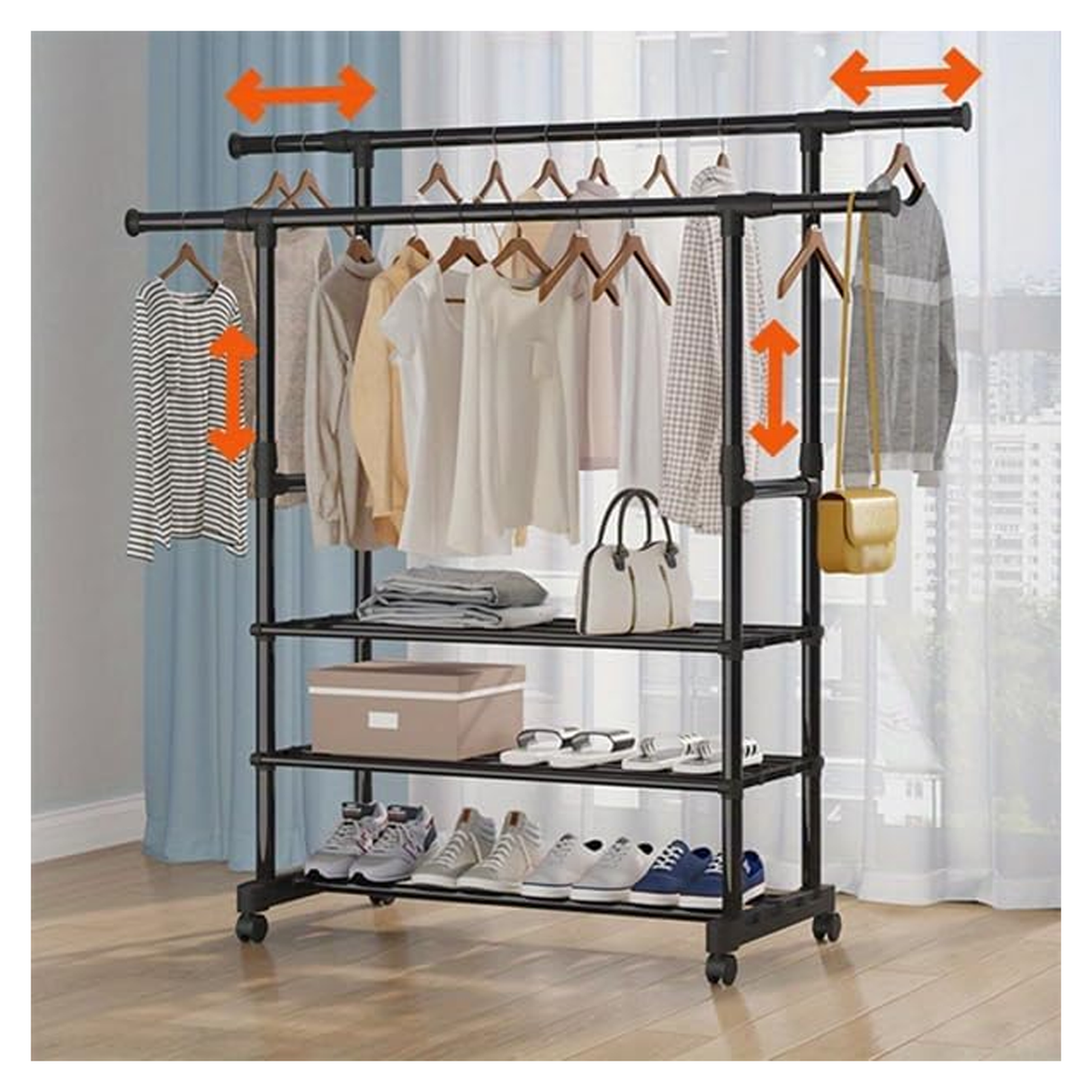 Double Rods Garment Rack With Wheels - Black