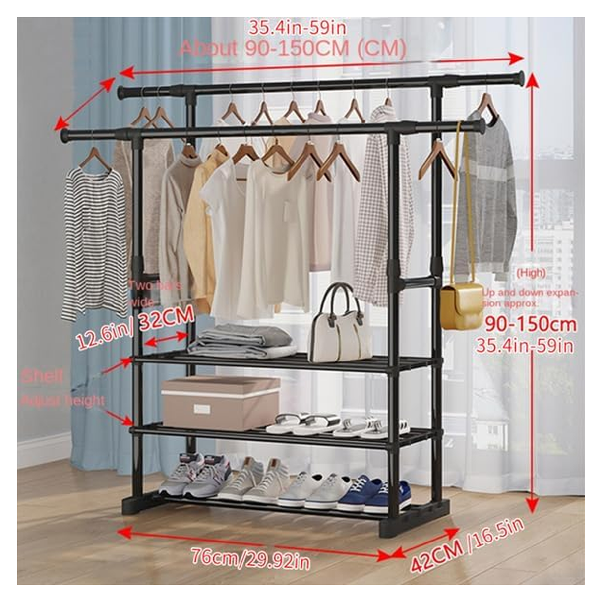 Double Rods Garment Rack With Wheels - Black