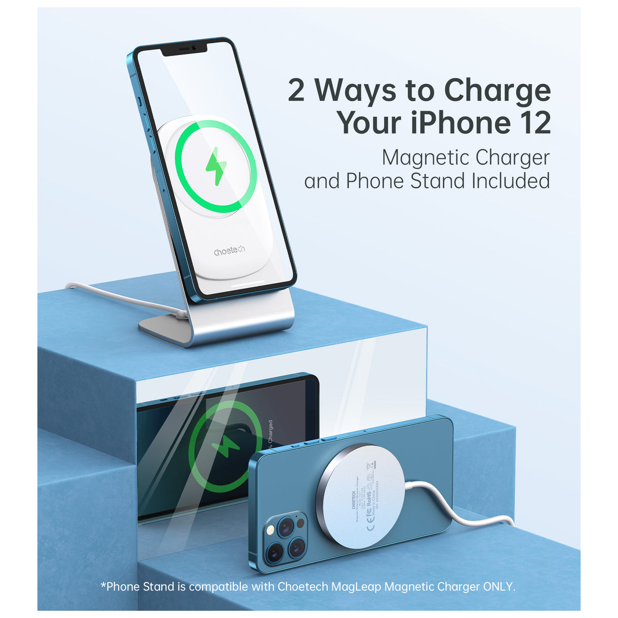 CHOETECH - Magnetic Fast Wireless Charging Stand Holder with 5ft USB-C Cable for iPhone 12 (H047+T517) - Zayoom