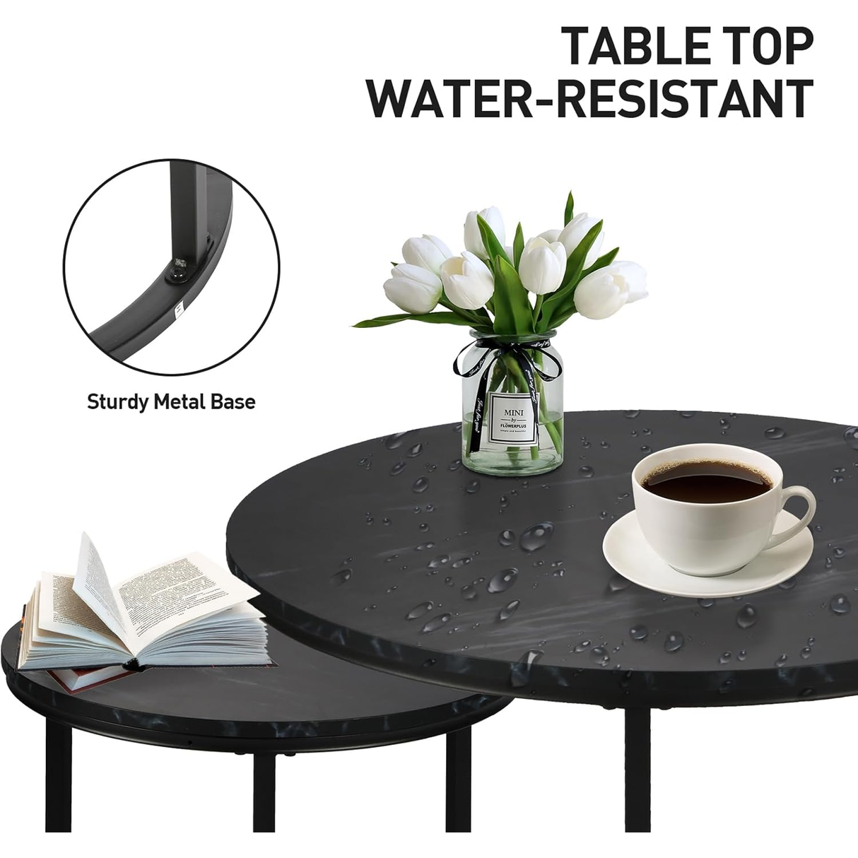 Coffee Table Set of 2 for Living Room - Round- Black