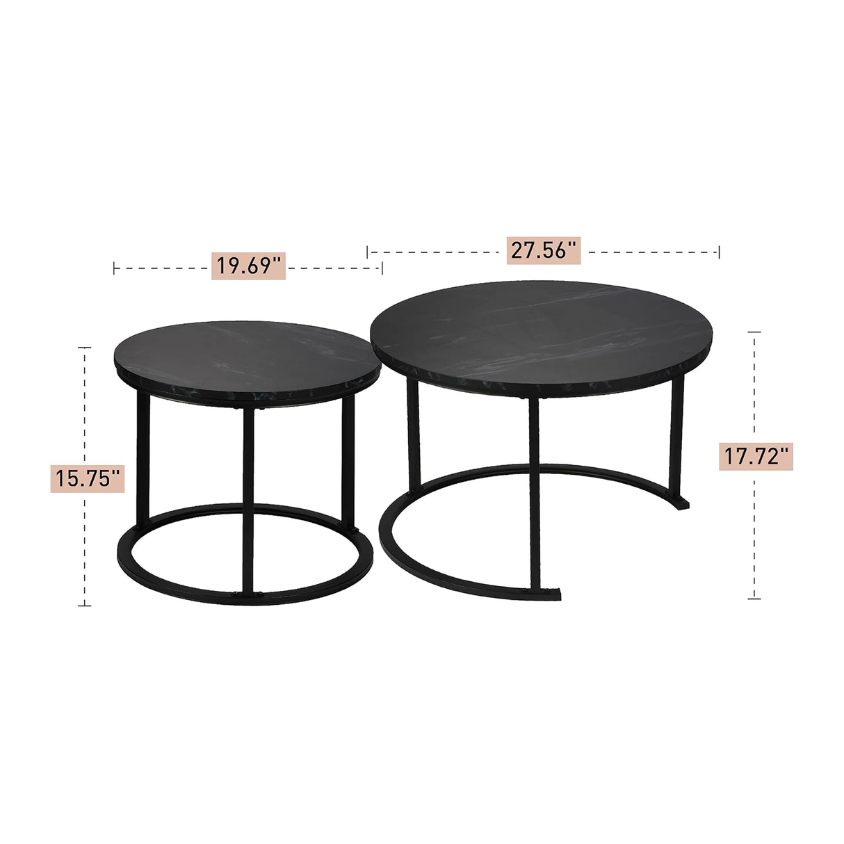 Coffee Table Set of 2 for Living Room - Round- Black