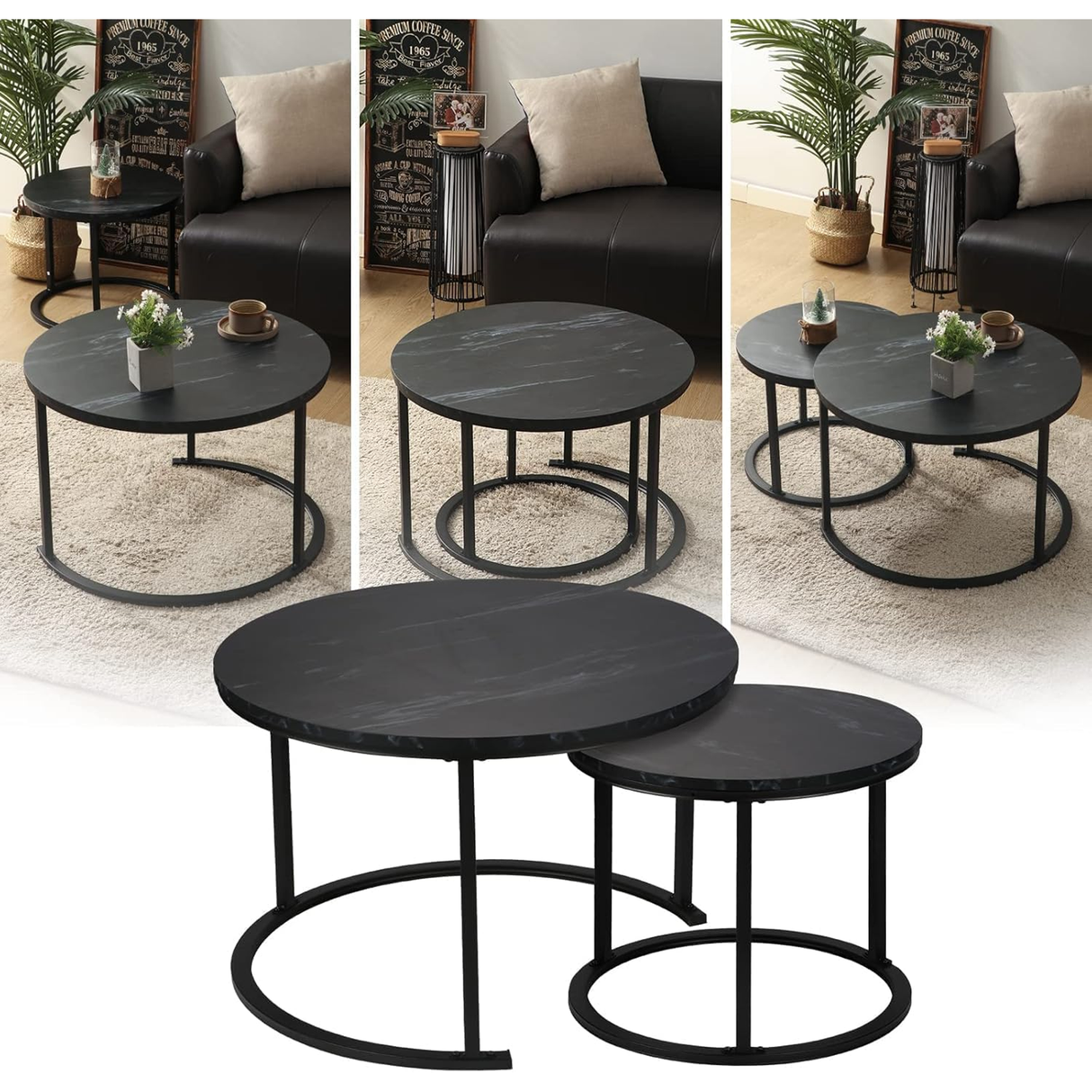 Coffee Table Set of 2 for Living Room - Round- Black