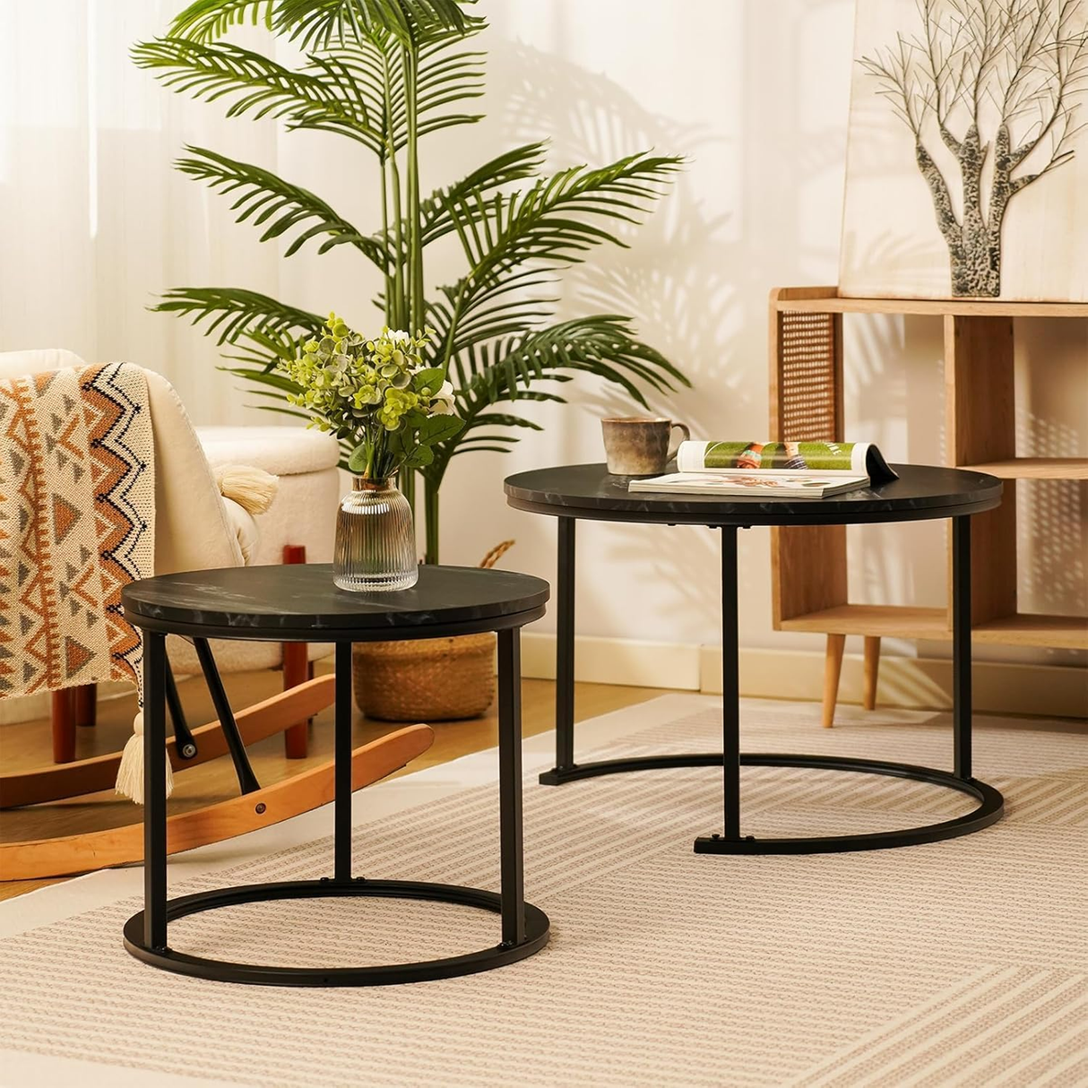 Coffee Table Set of 2 for Living Room - Round- Black