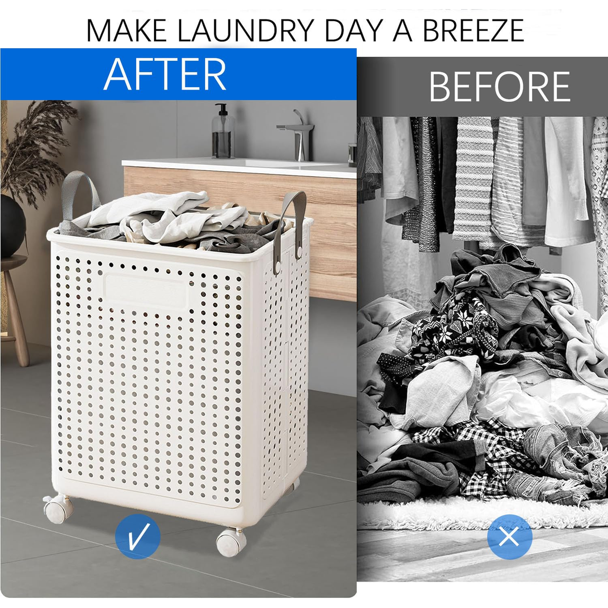 Collapsible Laundry Basket with Wheels - White