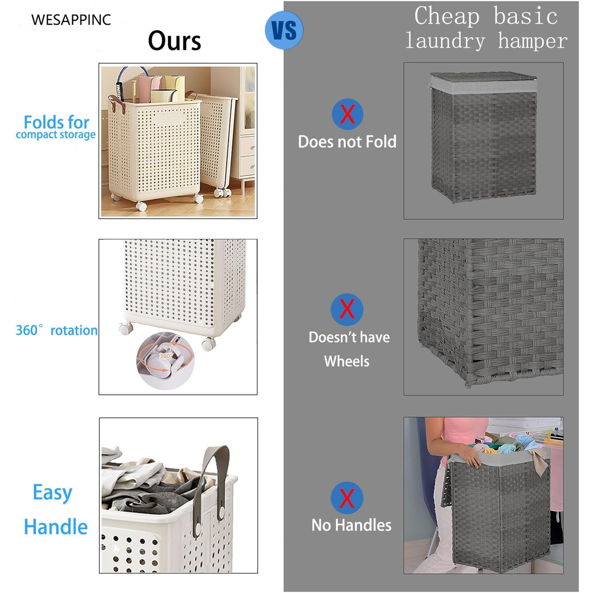 Collapsible Laundry Basket with Wheels - White