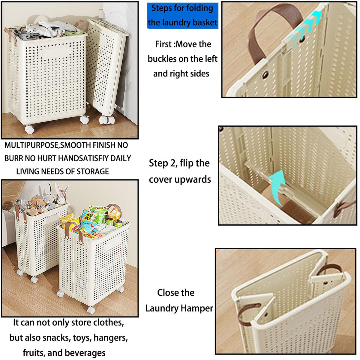 Collapsible Laundry Basket with Wheels - White