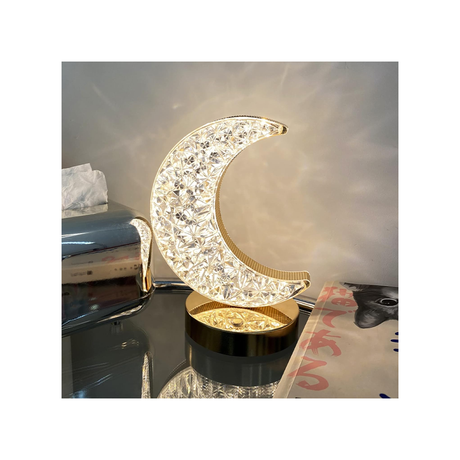 مصباح طاولة ومكتب على شكل قمر مع كريستال و3 أوضاع للضوء
