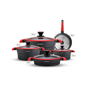 دايو تي إس سيريز مجموعة أواني طهي المطلية بالجرانيت غير اللاصقة مكونة من 9 قطع - أسود وأحمر