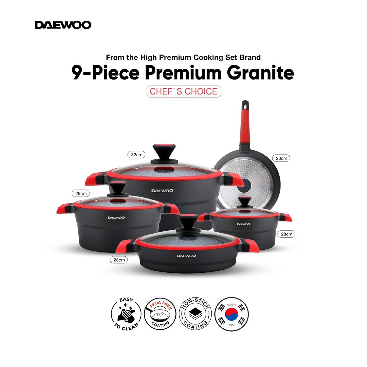 دايو تي إس سيريز مجموعة أواني طهي المطلية بالجرانيت غير اللاصقة مكونة من 9 قطع - أسود وأحمر