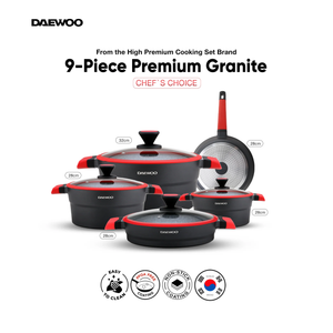 دايو تي إس سيريز مجموعة أواني طهي المطلية بالجرانيت غير اللاصقة مكونة من 9 قطع - أسود وأحمر