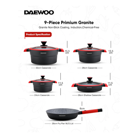 Daewoo Ts Series Non-Stick Granite Coating Cookware Set Of 9 - Black & Red