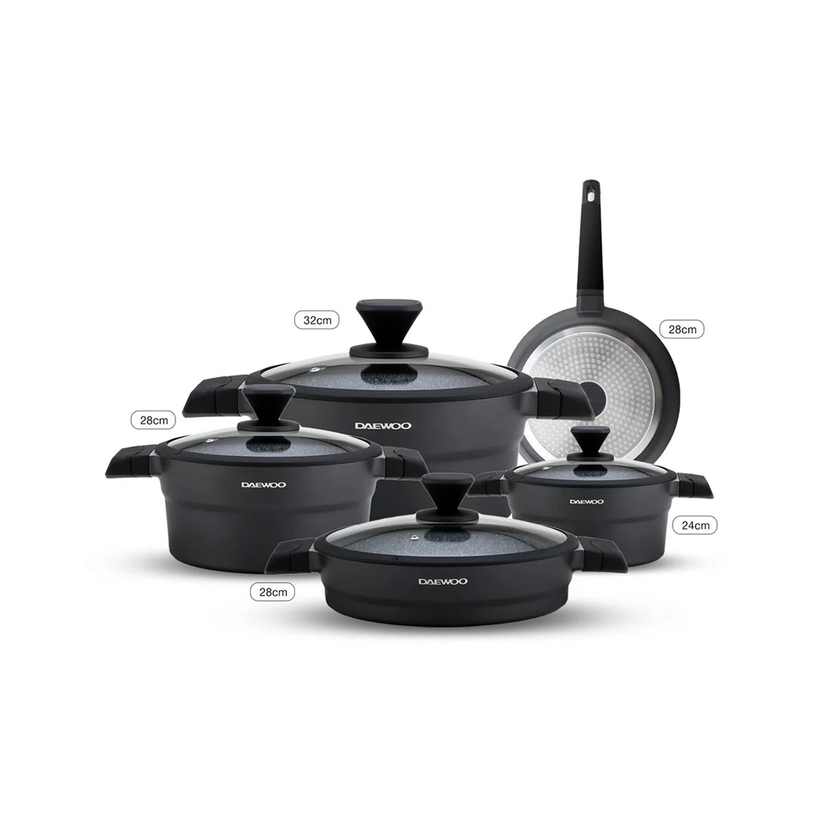 دايو طقم أواني طهي اكس سيريز بطلاء جرانيت غير لاصق – 9 قطع – أسود