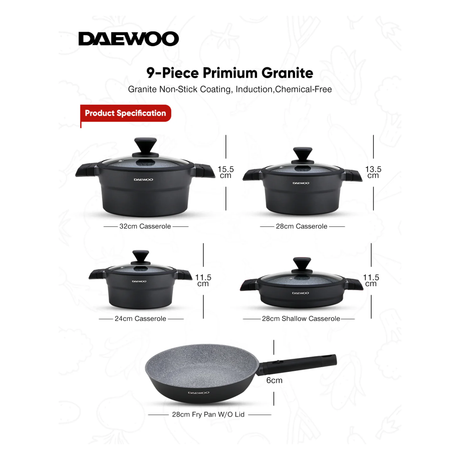 Daewoo X Series Non-Stick Granite Coating Cookware Set Of 9 - Black