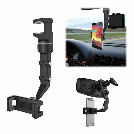 حامل هاتف متعدد الوظائف بزاوية 360 درجة مع مرآة الرؤية الخلفية - أسود