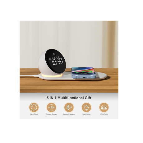 ساعة منبه رقمية لغرفة النوم مع شاحن لاسلكي 15 واط ومكبر صوت بلوتوث