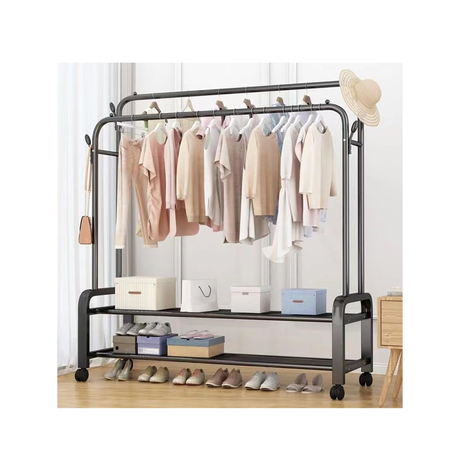 Double Layer Metal Clothes Rack With Wheels