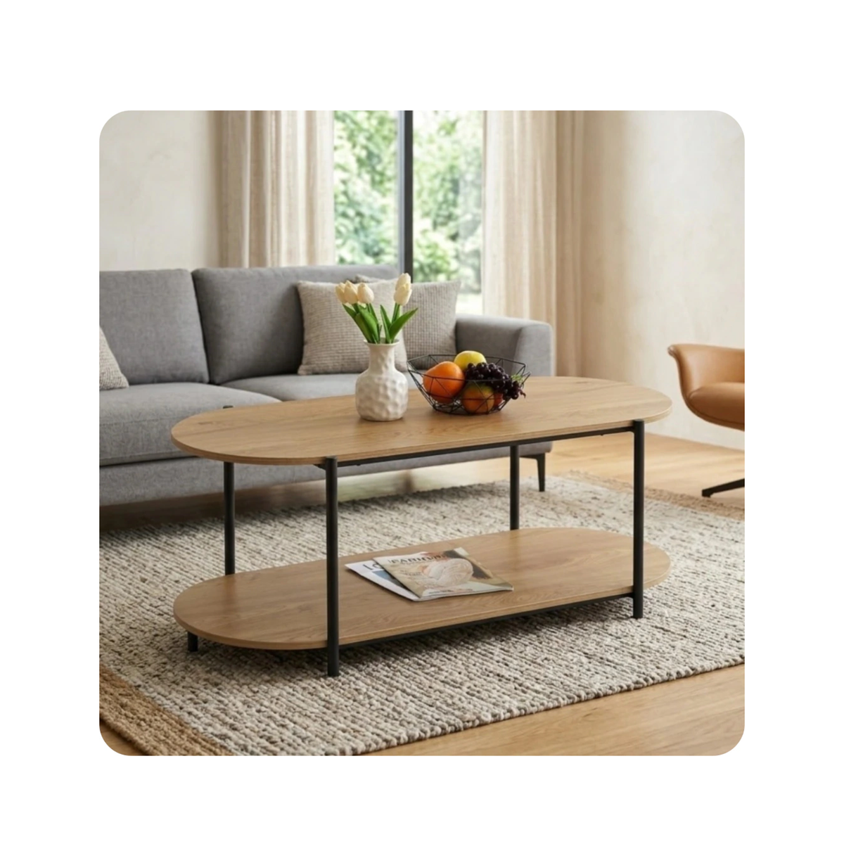 Double Oval Coffee Table With 2 Shelves – Modern Living Room Organizer