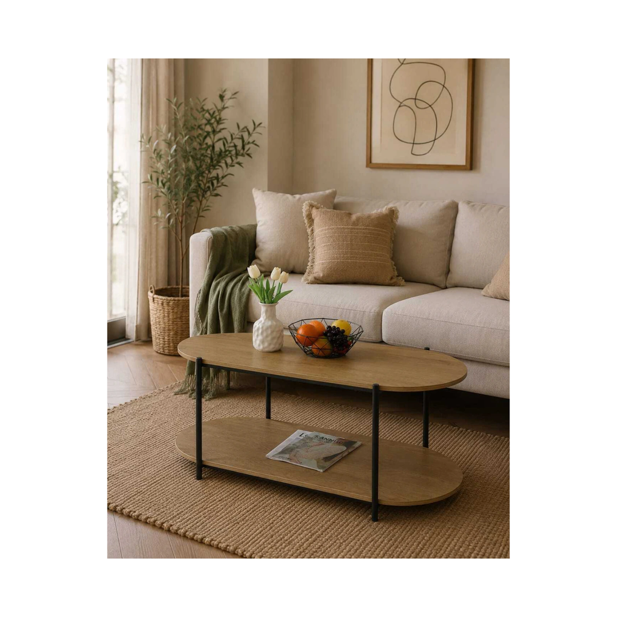 Double Oval Coffee Table With 2 Shelves – Modern Living Room Organizer
