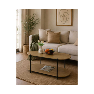 Double Oval Coffee Table With 2 Shelves – Modern Living Room Organizer