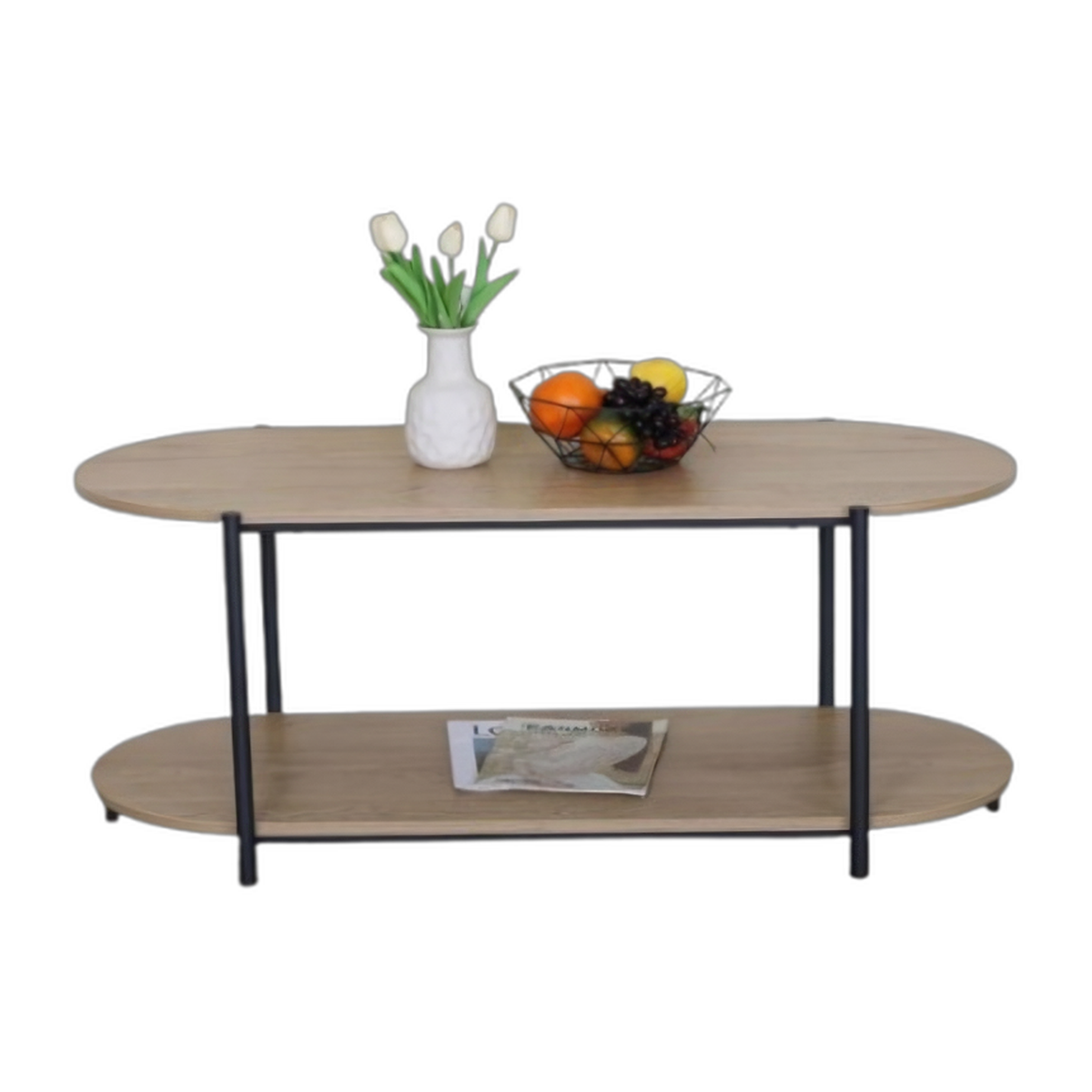 Double Oval Coffee Table With 2 Shelves – Modern Living Room Organizer