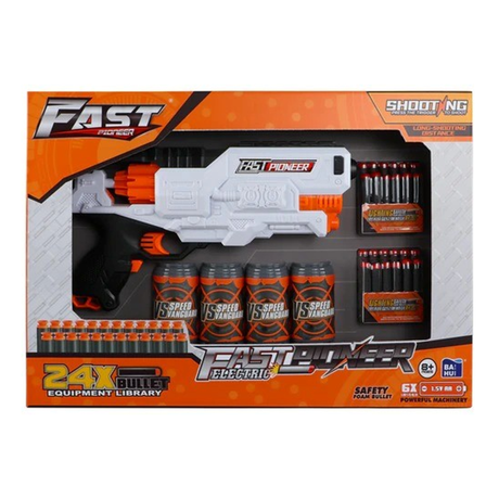 Electric Soft Bullet Toy Gun with 36 Darts & 4 Target Cans (20-Shot Load) - Age 8+