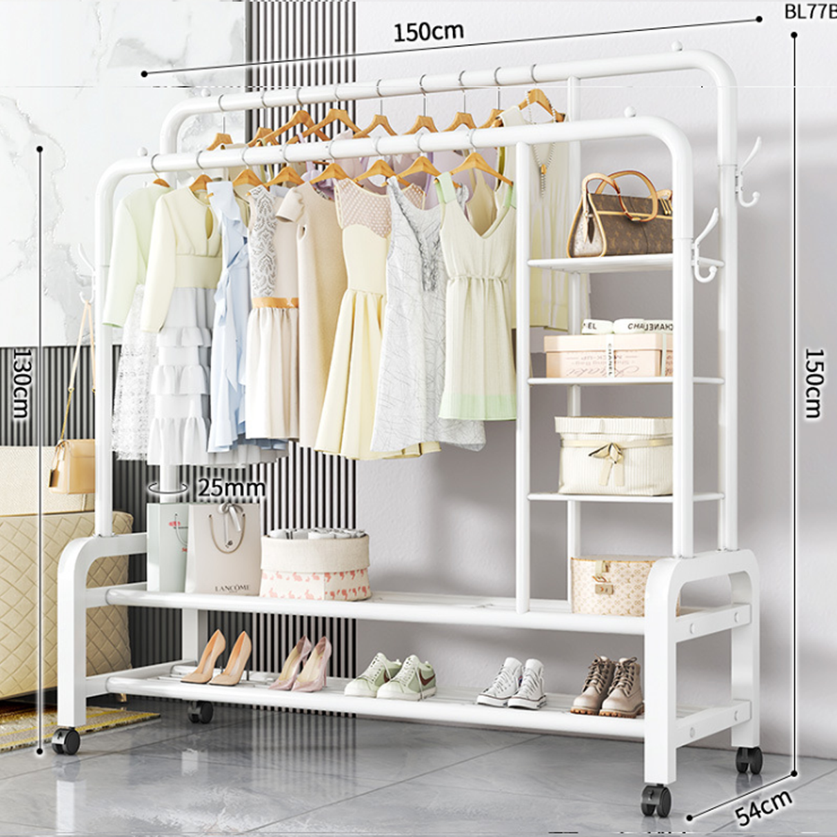 Elegant Double Pole Metal Clothes Hanging Rack with Swivel Wheels & Multi-Layer Shelving - 58kg Weight Capacity, Non-Slip Side Hooks for Home & Boutique Storage