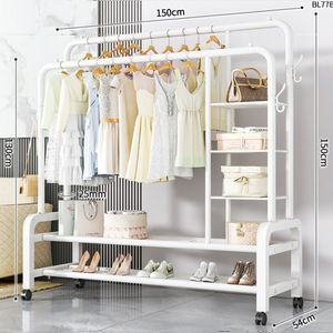 Elegant Double Pole Metal Clothes Hanging Rack with Swivel Wheels & Multi-Layer Shelving - 58kg Weight Capacity, Non-Slip Side Hooks for Home & Boutique Storage