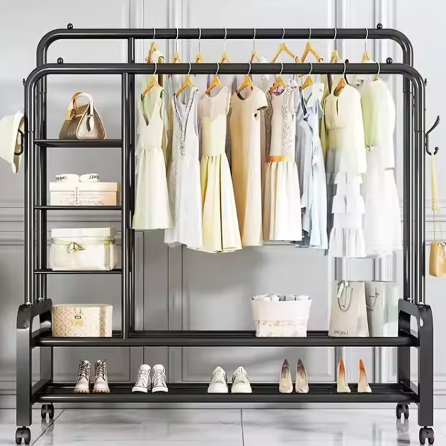 Elegant Double Pole Metal Clothes Hanging Rack with Swivel Wheels & Multi-Layer Shelving - 58kg Weight Capacity, Non-Slip Side Hooks for Home & Boutique Storage