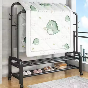 Elegant Double Pole Metal Clothes Hanging Rack with Swivel Wheels & Multi-Layer Shelving - 58kg Weight Capacity, Non-Slip Side Hooks for Home & Boutique Storage
