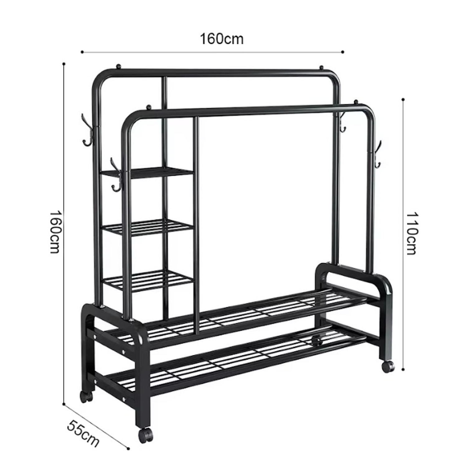 Elegant Double Pole Metal Clothes Hanging Rack with Swivel Wheels & Multi-Layer Shelving - 58kg Weight Capacity, Non-Slip Side Hooks for Home & Boutique Storage