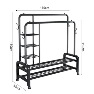 Elegant Double Pole Metal Clothes Hanging Rack with Swivel Wheels & Multi-Layer Shelving - 58kg Weight Capacity, Non-Slip Side Hooks for Home & Boutique Storage