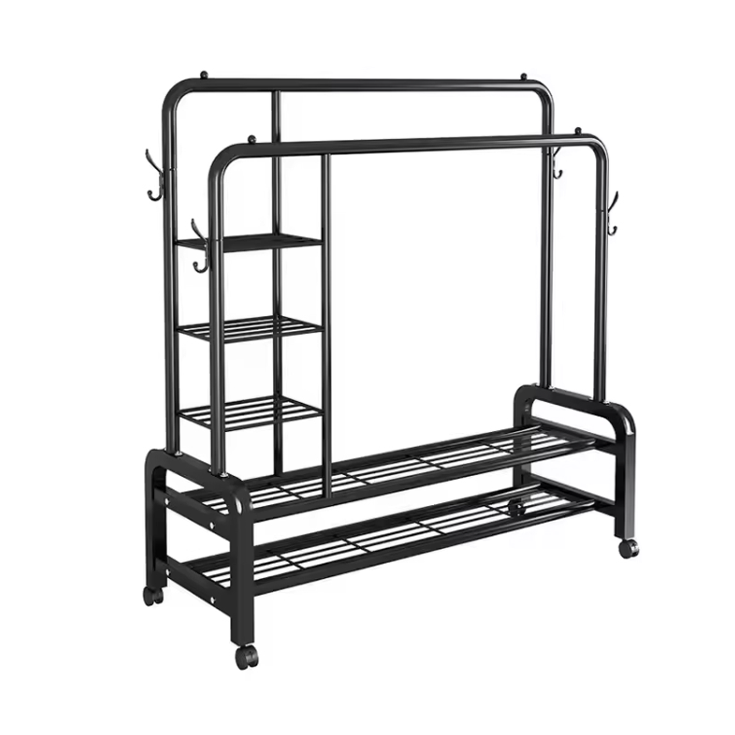 Elegant Double Pole Metal Clothes Hanging Rack with Swivel Wheels & Multi-Layer Shelving - 58kg Weight Capacity, Non-Slip Side Hooks for Home & Boutique Storage