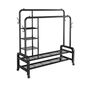 Elegant Double Pole Metal Clothes Hanging Rack with Swivel Wheels & Multi-Layer Shelving - 58kg Weight Capacity, Non-Slip Side Hooks for Home & Boutique Storage