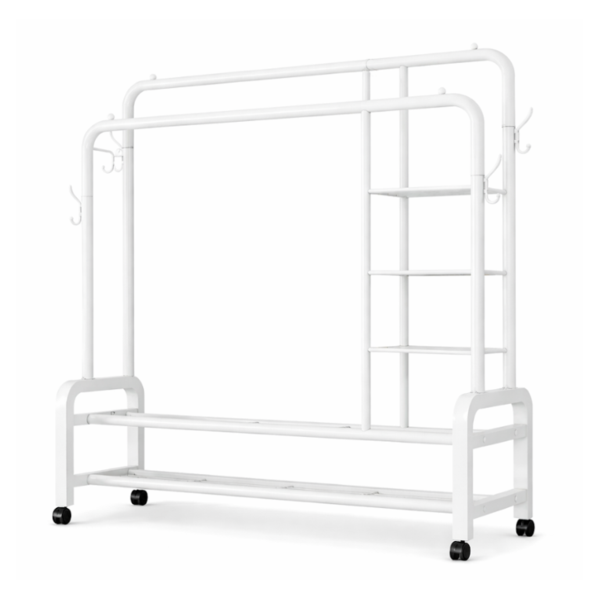 Elegant Double Pole Metal Clothes Hanging Rack with Swivel Wheels & Multi-Layer Shelving - 58kg Weight Capacity, Non-Slip Side Hooks for Home & Boutique Storage